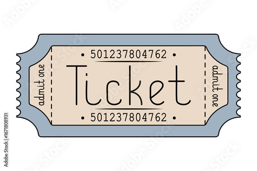 Gray ticket admit one. Handwritten lettering. Color vector illustration. Tear-off ticket with number. Isolated white background. Cartoon. Idea for web design.