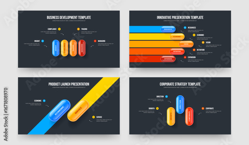 Product Visualization 4 5 2 3 Option Infographic Slide Template Collection. Service Innovation Four Five Two Three Step Diagram Slideshow Layout Vector Illustration Set.