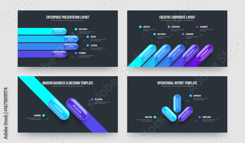 Sales Growth 4 5 2 3 Element Diagram Slideshow Template Collection. Company Forecast Four Five Two Three Option Infographic Presentation Layout Vector Illustration Set.
