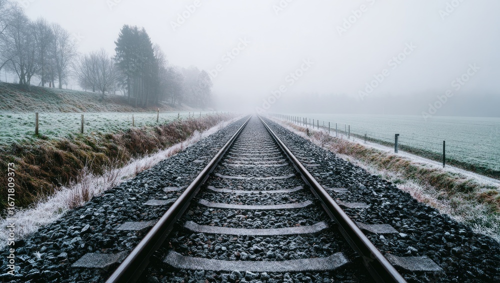Fototapeta premium Railroad tracks extend into a misty landscape on a frosty day.