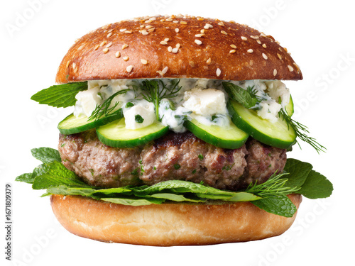 Delectable Greek Lamb Burger, topped with creamy feta, cool cucumber, and fresh herbs. A culinary delight!