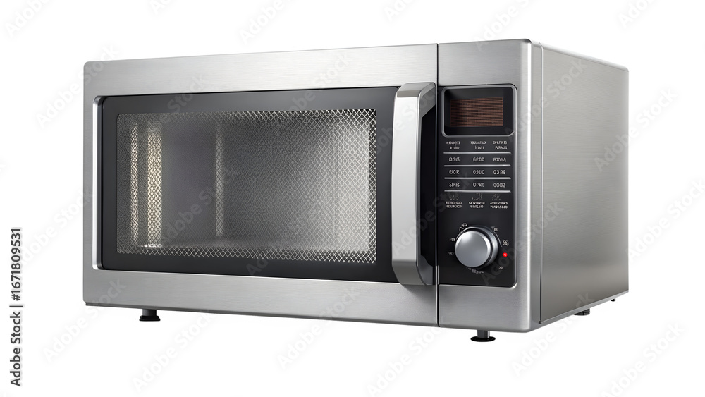Fototapeta premium Sleek silver microwave oven isolated on transparent background, a modern kitchen appliance for quick and efficient cooking