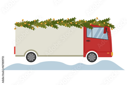 Christmas red truck decorated with fir branches and a garland. New Year's delivery. Vector holiday design illustration.