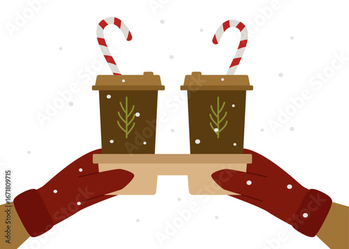 He holds coffee in paper cups in his hands. Close-up. Decorated with a lollipop stick. Vector winter illustration.