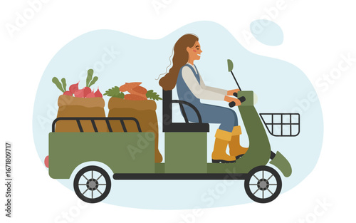 Harvesting. A farmer girl carries ripe carrots and radishes on an electric scooter with a body. Vector illustration of rural works.
