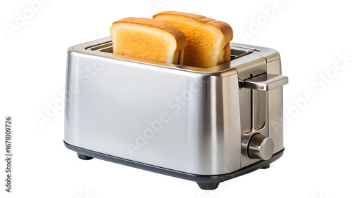 Two slices of golden brown toast popping out of a modern stainless steel toaster isolated on transparent background
