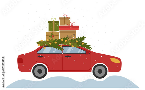 Red Christmas car, carrying a lot of gifts and fir branches with a garland on the roof. New Year's delivery. Vector holiday illustration.