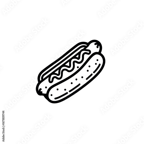 Illustration of a hotdog with mustard in a bun with dotted lines and a thick black outline style