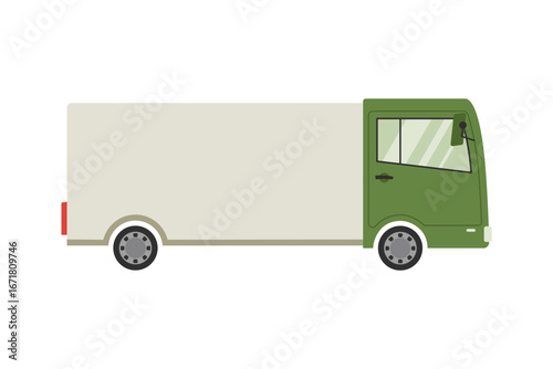 Parcel delivery on a green truck. Orders are transported on a long lorry. Vector illustration for logistics and trade design.