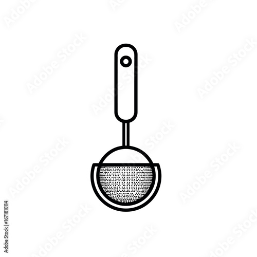 Illustration of a tea strainer with a long handle and a perforated hemispherical bowl for brewing tea