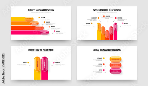 Company Portfolio Four Five Two Three Step Diagram Slide Template Vector Illustration Bundle. Enterprise Campaign 4 5 2 3 Element Infographic Presentation Design Collection.