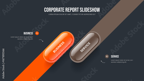 Financial Plan 2 Element Infographic Frame Template. Enterprise Briefing Slide Design Vector Illustration. Corporate Strategy Two Step Diagram Presentation Layout.