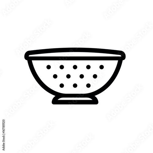 Illustration of a black and white colander with holes for draining food preparation and washing use