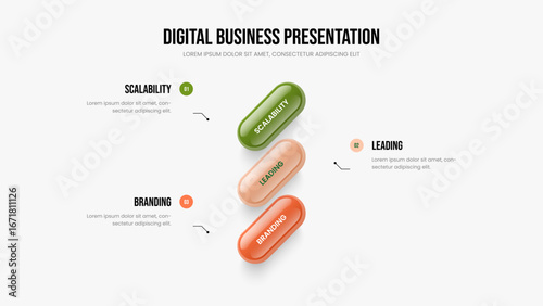 Project Proposal Slide Template Vector Illustration. Sales Launch Three Step Diagram Frame Layout. Modern Review 3 Element Infographic Slideshow Design.