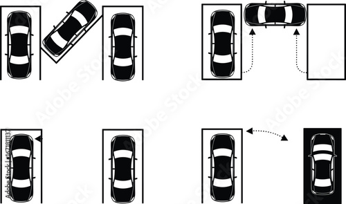 Flat vector car parking techniques illustration, top view vehicle maneuvering, parallel parking, head in, reverse, instructional driving graphic design