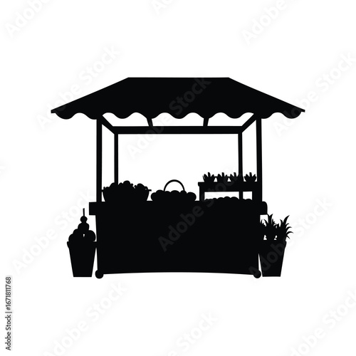 Silhouette of a market stall with fruit and plants for sale, farm market stand silhouette vector illustration