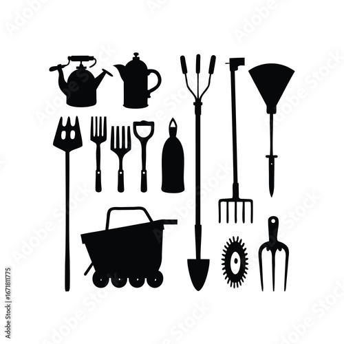 A Silhouetted Assortment of Gardening Tools and Accessories for Outdoor Work, farm tools silhouette vector illustration