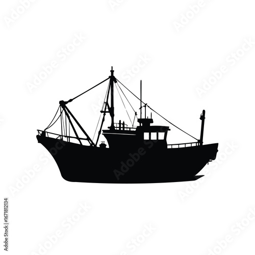 Silhouette of a large fishing trawler against a plain white backdrop, fishing boat silhouette vector illustration