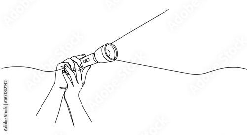 Hands holding a flashlight illuminating water in dark environment  