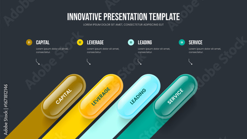 Marketing Portfolio Slide Layout Vector Illustration. Investor Solution 4 Step Diagram Frame Design. Sales Plan Four Element Infographic Presentation Template.