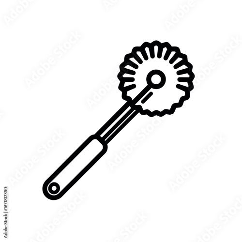 Illustration of a pastry wheel with a round blade and handle in black outline on a white background