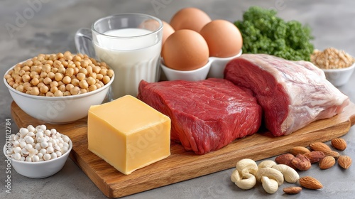 A variety of high-protein foods artfully arranged on a wooden board with copy space for text or marketing