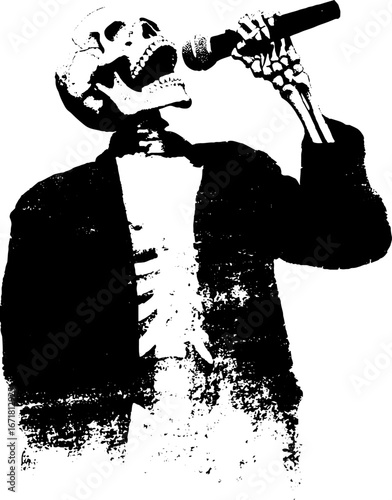 Grunge black and white skeleton singing with microphone - urban music poster design