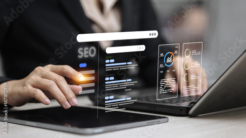 Photos SEO optimization dashboard with search rankings and analytics interface