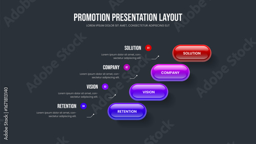 Sales Performance Four Element Infographic Presentation Template. Marketing Proposal 4 Option Diagram Frame Layout. Digital Profile Slideshow Design Vector Illustration.