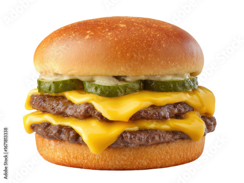 Juicy double cheeseburger, melted cheese dripping, pickles and toasted bun. A delicious fast food classic.