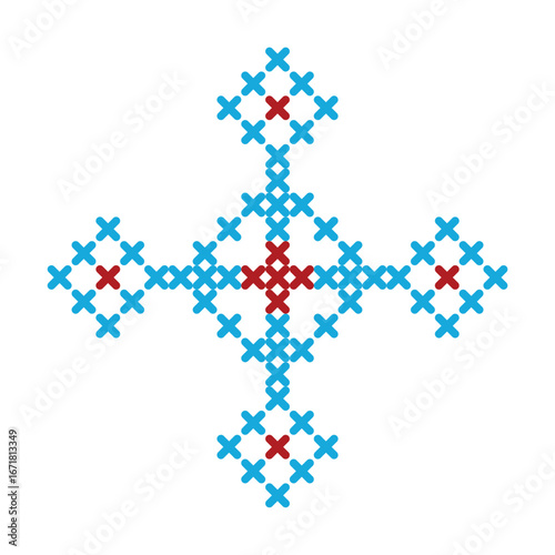 Cross stitch embroidery design with red and blue patterns
