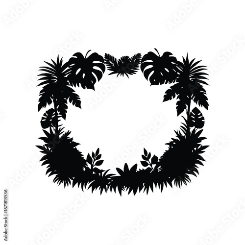 Tropical foliage wreath frame with monstera and palm leaves silhouette, jungle plant border silhouette vector illustration