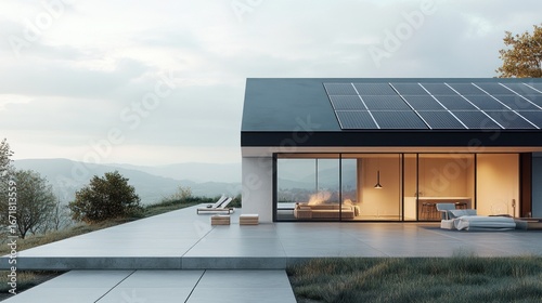 Contemporary house with solar panels integrating into landscape for sustainable living