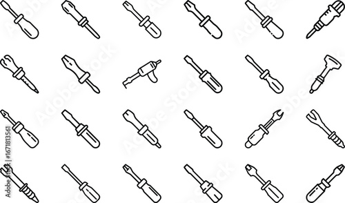 Collection of line art icons of various screwdrivers and tools on white vector