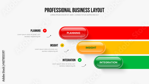 Market Insight Three Element Infographic Slideshow Design. Sales Growth 3 Step Diagram Frame Template. Investor Performance Presentation Layout Vector Illustration.