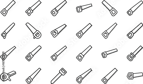 Collection of black line art icons of various saws on white background tool hand