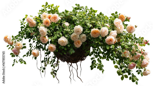 Rose bush in a hanging pot with cascading branches background isolated on a Transparent background, PNG file.