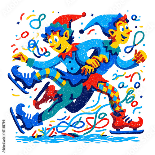Colorful illustration of joyful skaters performing tricks on ice, capturing the essence of fun and playfulness.