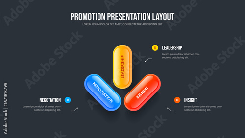 Financial Showcase Presentation Design Vector Illustration. Service Insight 3 Element Diagram Slide Template. Market Performance Three Step Infographic Frame Layout.