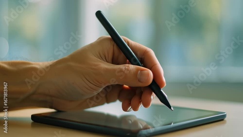 Hand Using Stylus on Tablet with Patient Data Privacy Focus in Modern Office Environment and Digital Workspace Technology