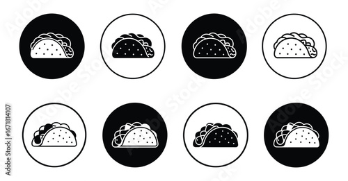 Delicious taco icons in black and white circles perfect for restaurant branding, menu design, or food-related app graphics with a simple, modern aesthetic
