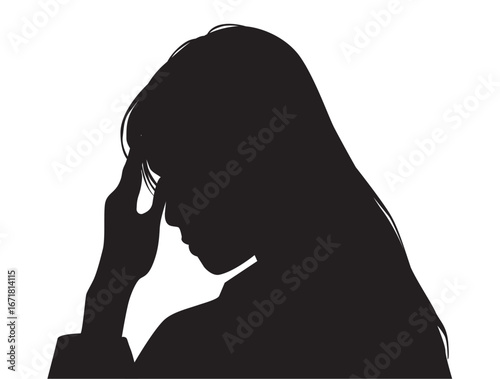 おでこに手を当てて悩む女性の左向き横顔シルエット