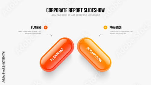 Company Review Presentation Template Vector Illustration. Financial Insight 2 Element Diagram Slideshow Layout. Market Analysis Two Option Infographic Slide Design.