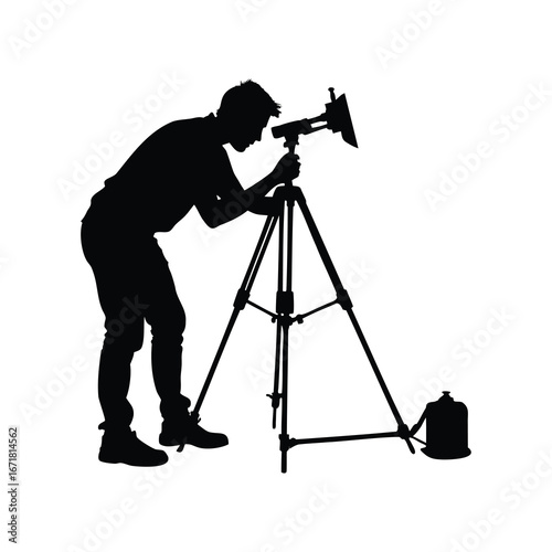 Silhouette of a man observing the night sky with a large telescope, photographer setting up equipment silhouette vector illustration
