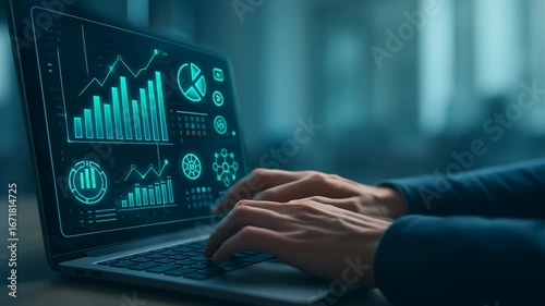 Patient data privacy protected during analysis of medical statistics, digital charts, and graphs laptop modern office setting