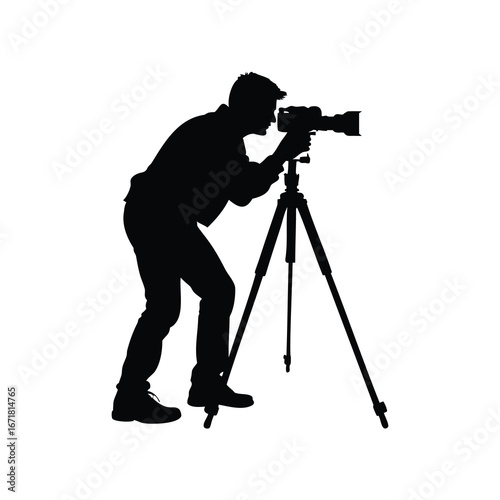 Silhouette of photographer using camera on tripod in a photographic studio, photographer with tripod silhouette vector illustration