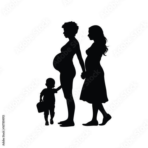 A Silhouette of Two Pregnant Women Holding Hands with a Toddler, pregnant woman with child silhouette vector illustration