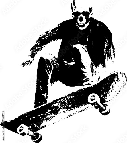 Grunge black and white skeleton skateboarding illustration for urban design