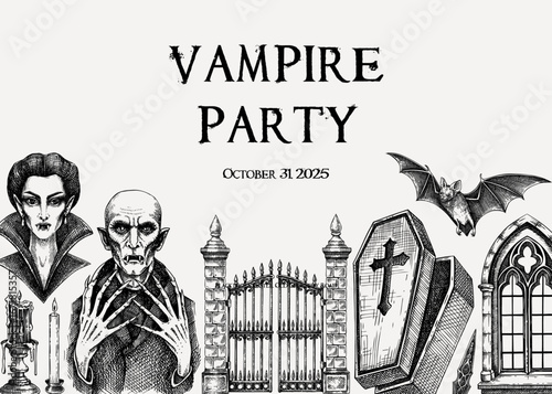 Vampire party invitation design. Halloween hand drawn vector illustration. Gothic background. NOT AI generated