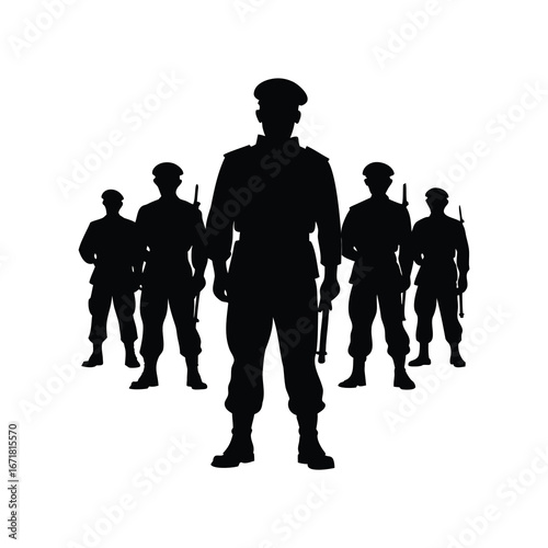 Silhouette of a Squadron of Armed Soldiers Standing Guard in Formation, soldier in military formation silhouette vector illustration